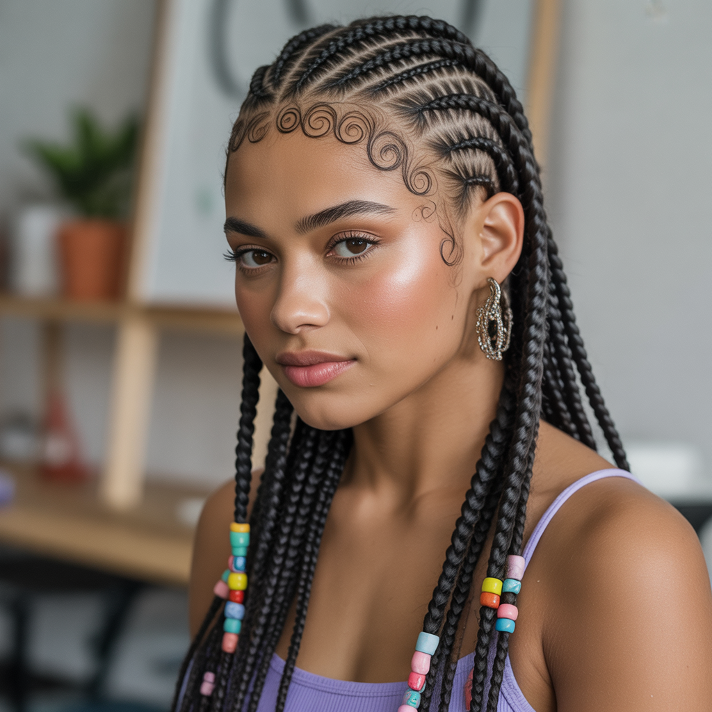 Beaded swirl cornrows