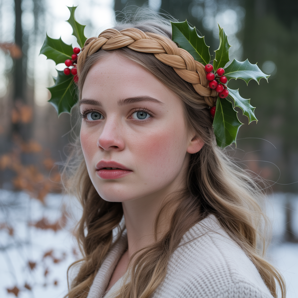 25 Stunning Christmas Hairstyles to Shine This Holiday 4 Braided Crown with Holly Accents