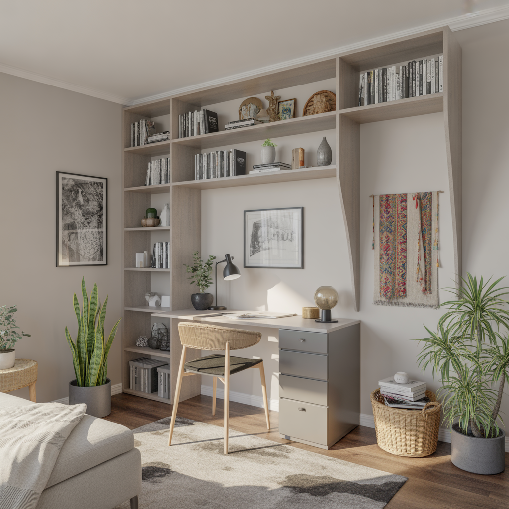 25 Inspiring Living Room Office Ideas for Stylish Workspaces 5 Built-In Shelving Unit