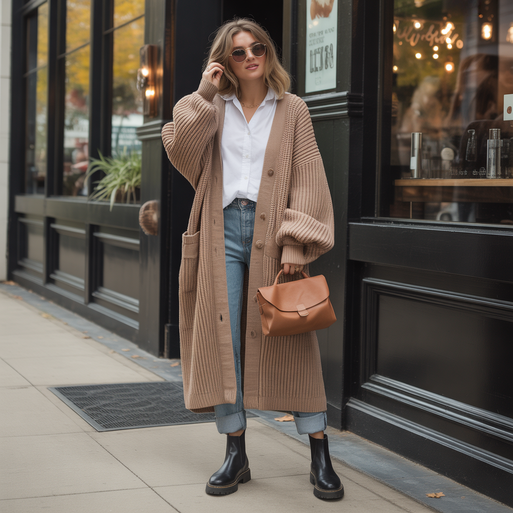 25 Chic Fall Outfits with Boots for Every Occasion 6 Chunky Cardigans with Chelsea Boots