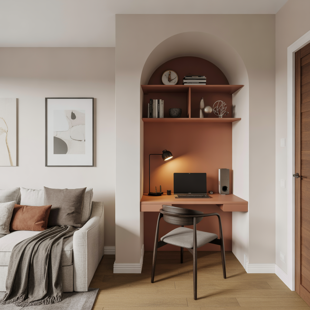 25 Inspiring Living Room Office Ideas for Stylish Workspaces 17 Compact Workstation in Alcove