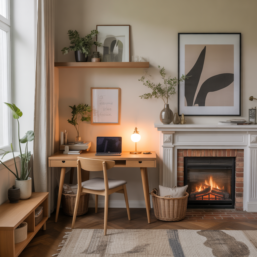 25 Inspiring Living Room Office Ideas for Stylish Workspaces 22 Cozy Fireplace Desk Setup