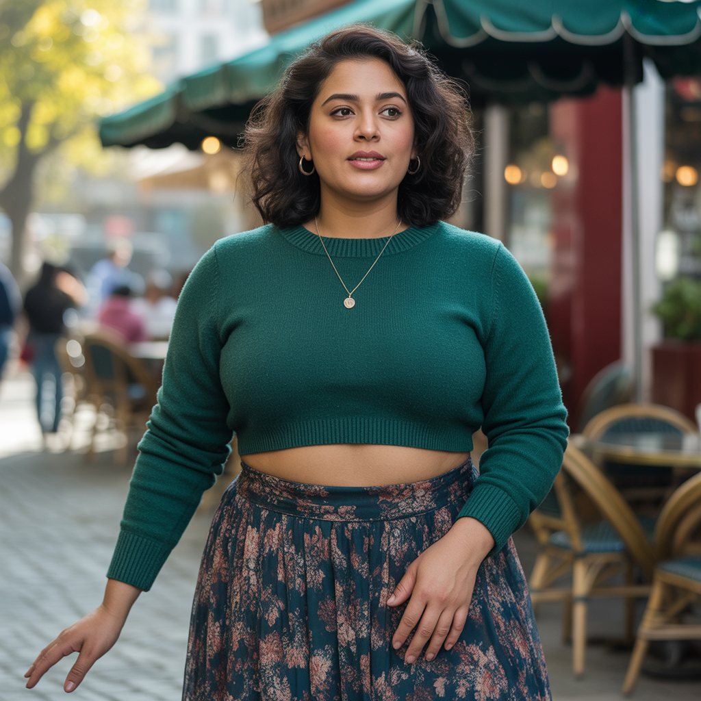 Cropped sweater with high-waisted skirt