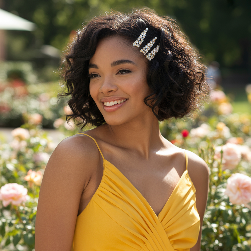 25 Stunning Christmas Hairstyles to Shine This Holiday 16 Curly Bob with Jewel Clips