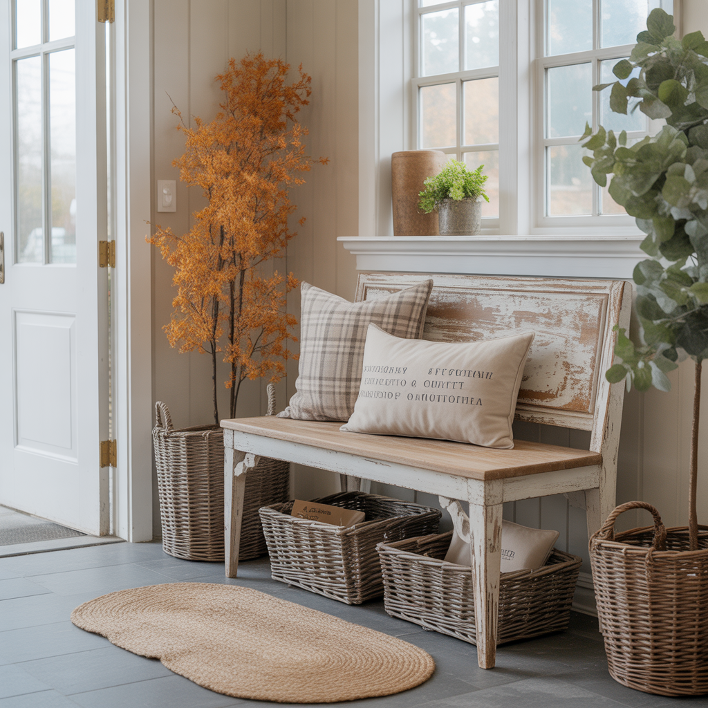 25 Stunning Farmhouse Entryway Bench Decor Ideas You’ll Love 12 Farmhouse Rug in Front of the Bench