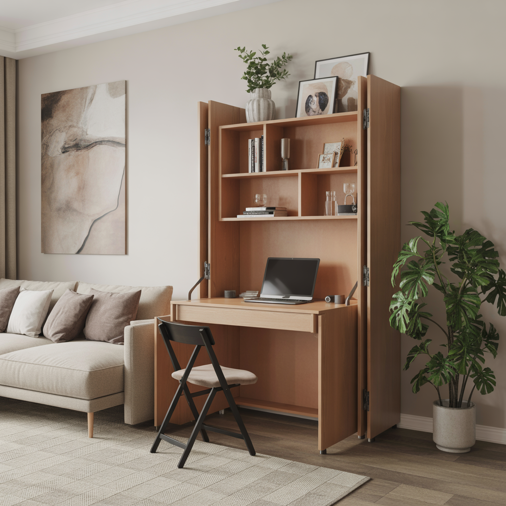 25 Inspiring Living Room Office Ideas for Stylish Workspaces 9 Foldaway Desk Cabinet