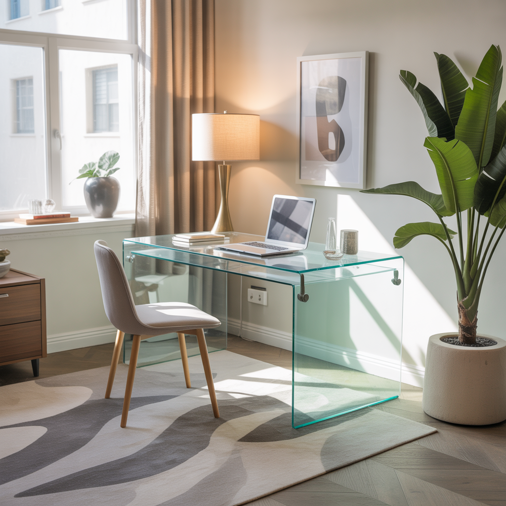 25 Inspiring Living Room Office Ideas for Stylish Workspaces 18 Glass Desk for Airy Feel