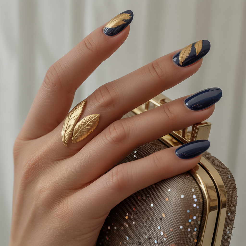 22 Best Fall Nails Trendy Designs for Autumn Vibes 8 Gold Leaf Accents