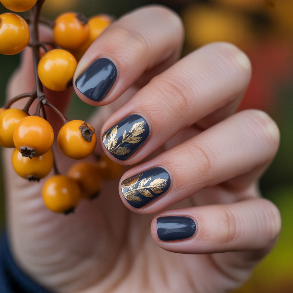 25 Trendy Dark Fall Nails Ideas You’ll Love This Autumn 11 Gold Leaf Detailing