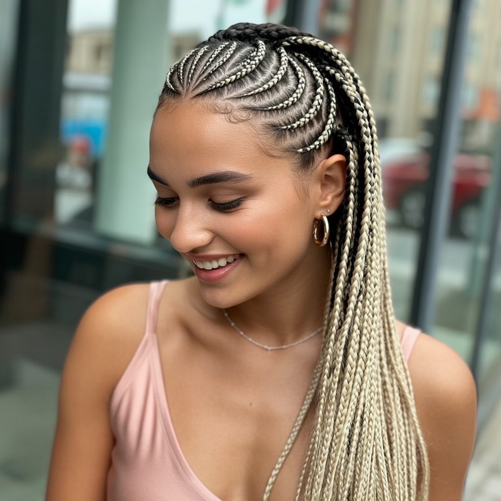 Half-up swirl cornrows