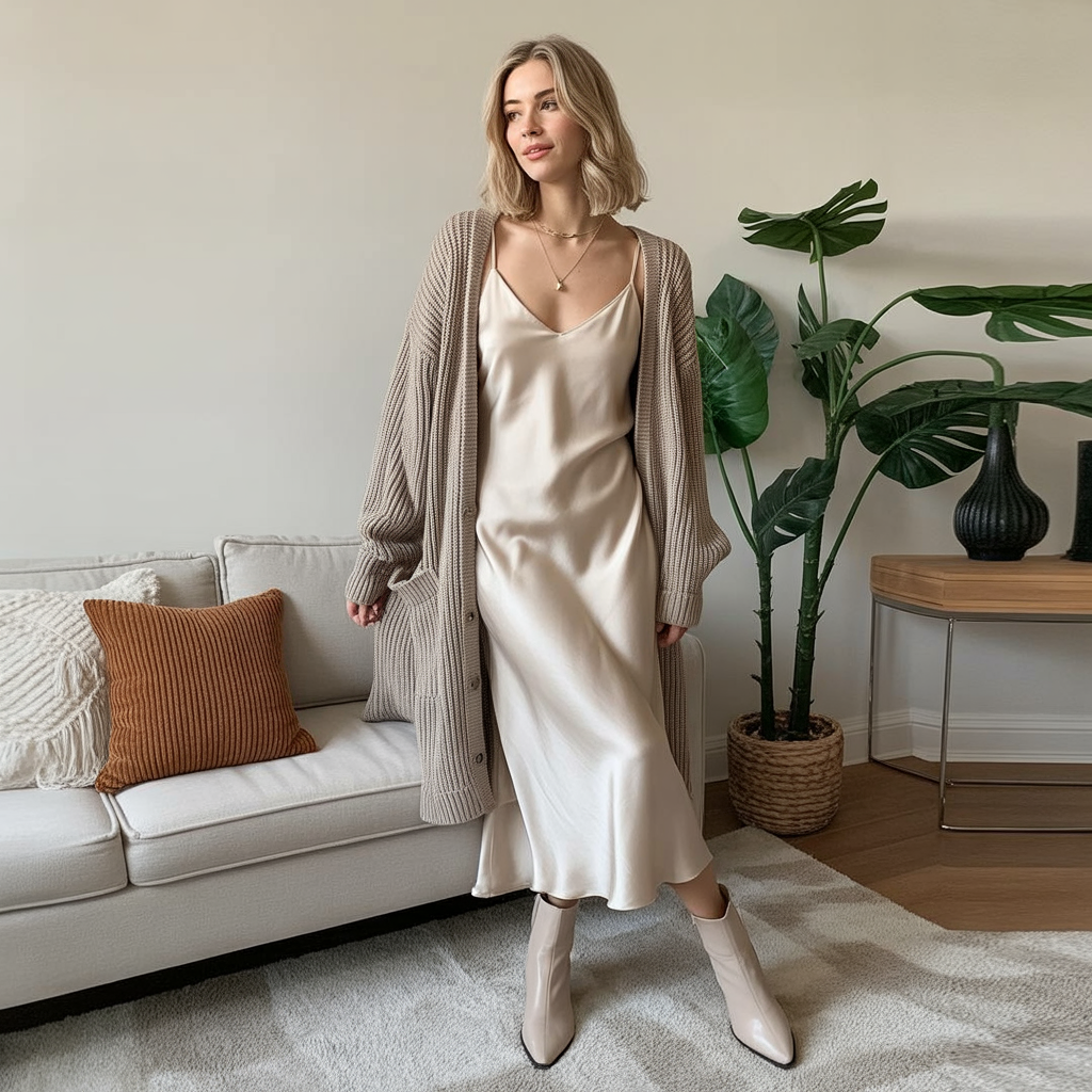 25 Trendy Ideas About Early Fall Outfits for Every Occasion 1 Layered Cardigan Over a Slip Dress