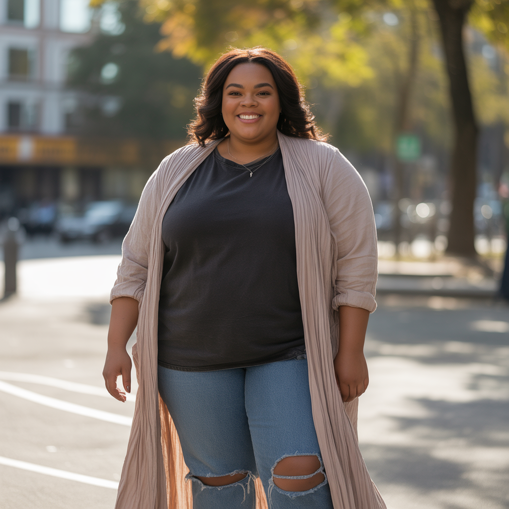Long cardigan with ripped jeans