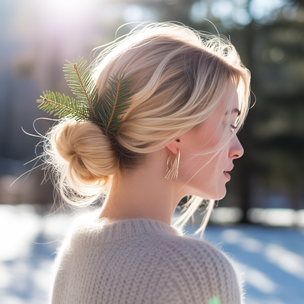 25 Stunning Christmas Hairstyles to Shine This Holiday 20 Loose Bun with Evergreen Sprig