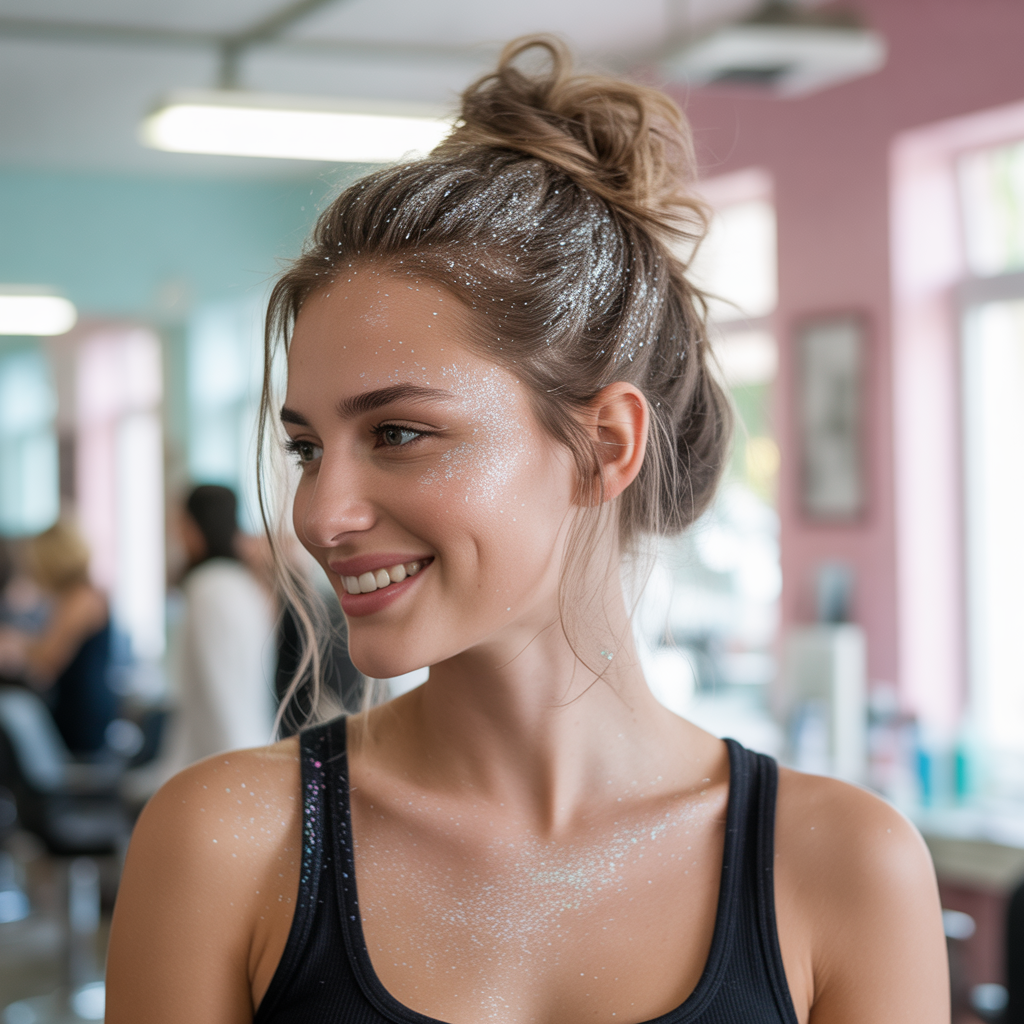 25 Stunning Christmas Hairstyles to Shine This Holiday 6 Messy Bun with Glitter Spray