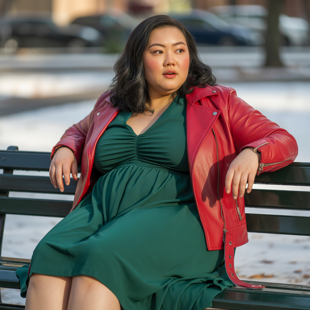 Midi dress with leather jacket