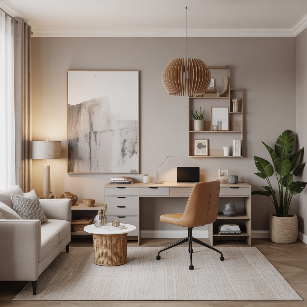 25 Inspiring Living Room Office Ideas for Stylish Workspaces 24 Neutral Toned Workspace