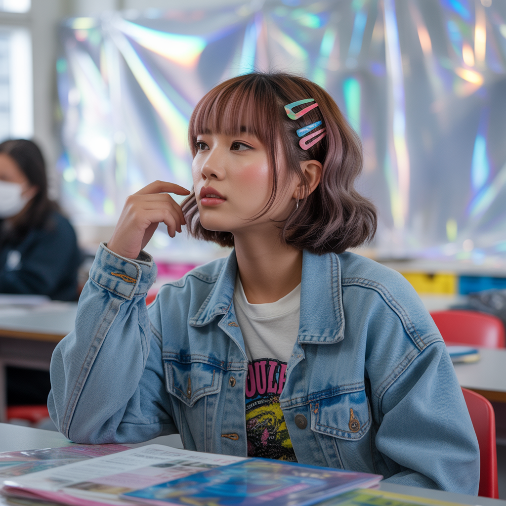 Short Wolf Cut with Curtain Bangs and Accessories