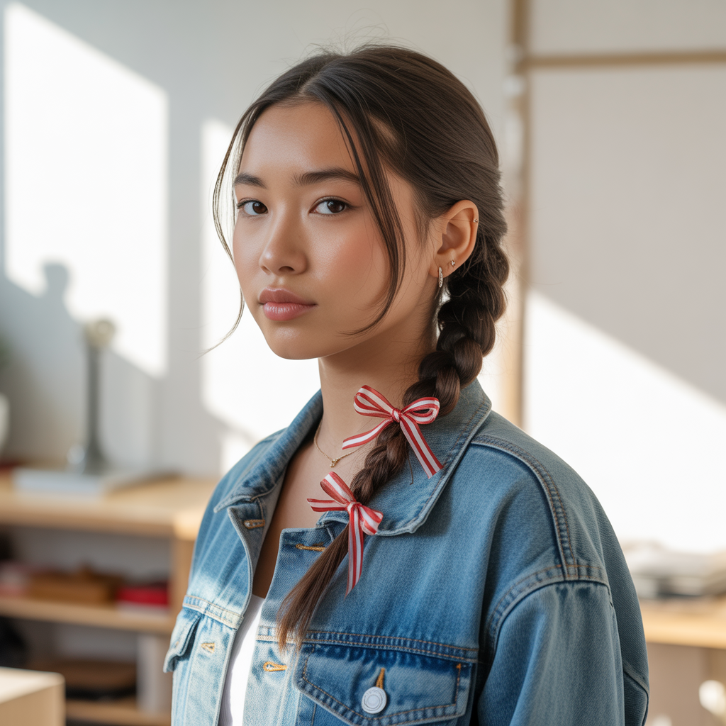 25 Stunning Christmas Hairstyles to Shine This Holiday 8 Side Braid with Candy Cane Ribbon