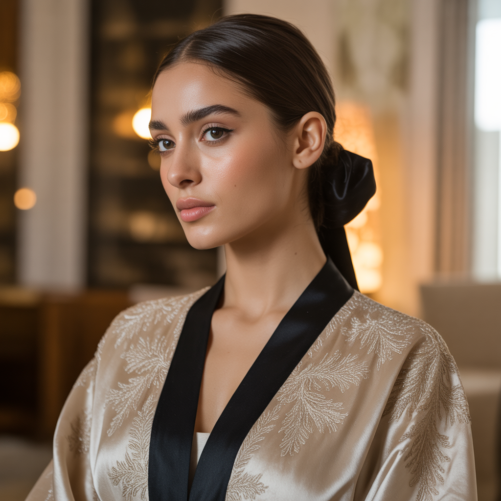 25 Stunning Christmas Hairstyles to Shine This Holiday 2 Sleek Low Bun with Velvet Ribbon