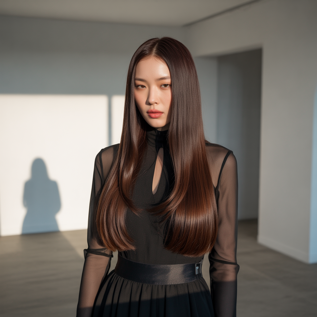 Sleek Straight Hair with a Middle Part