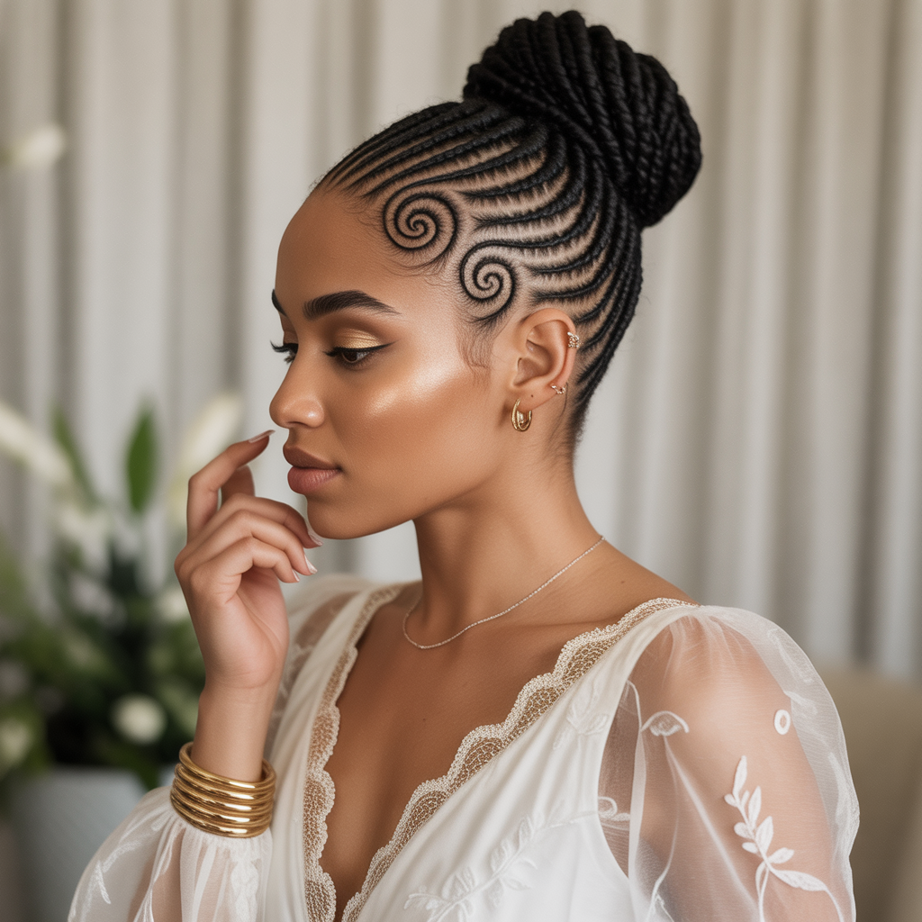 Spiral cornrows into a bun