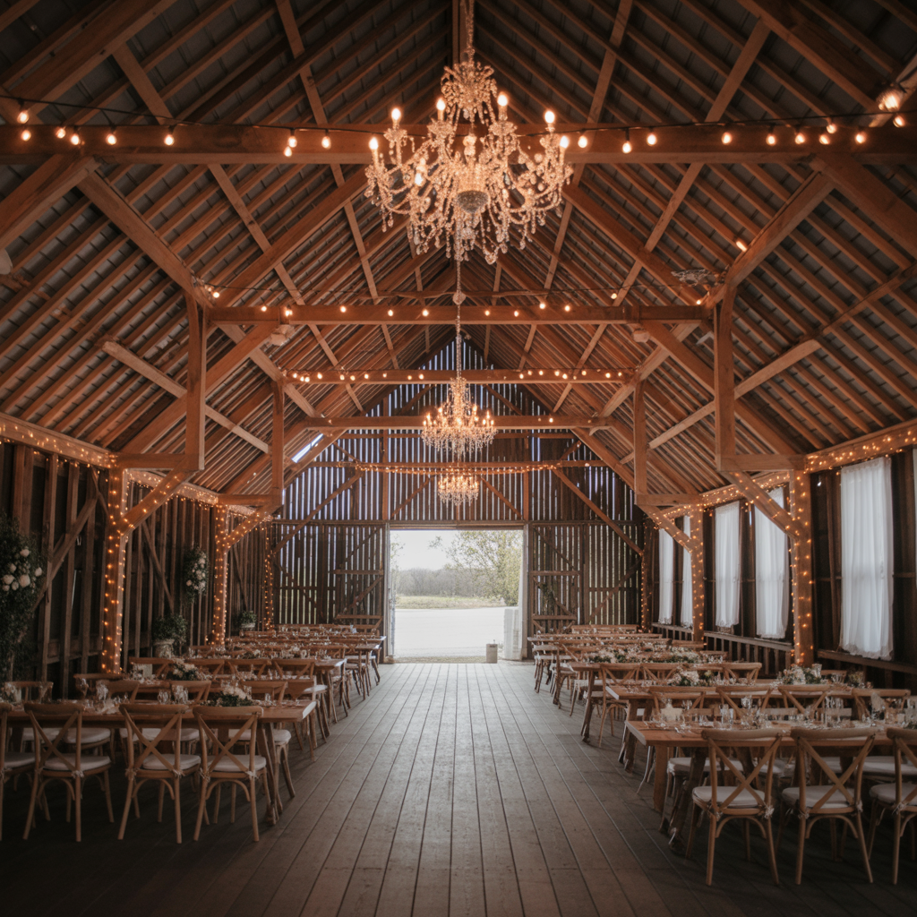 20 Stunning Barn Wedding Ideas for a Rustic Celebration 3 String Lights and Chandeliers