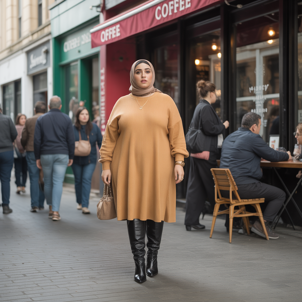 Sweater dress with knee-high boots