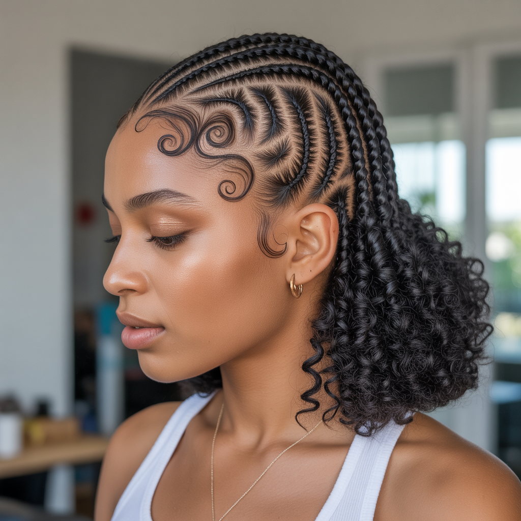 Swirl cornrows for 4C hair