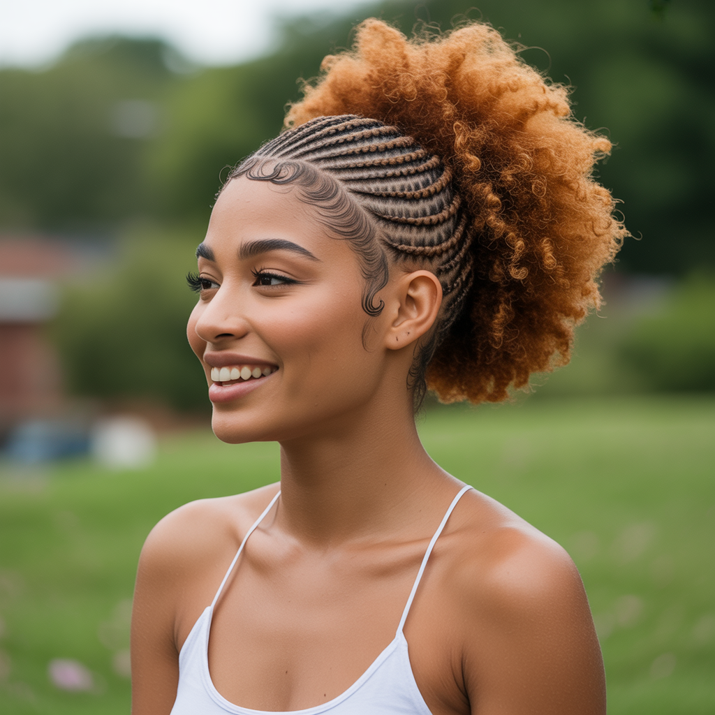 Swirl cornrows into afro puff