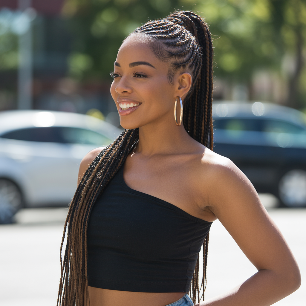 Swirl cornrows with a ponytail
