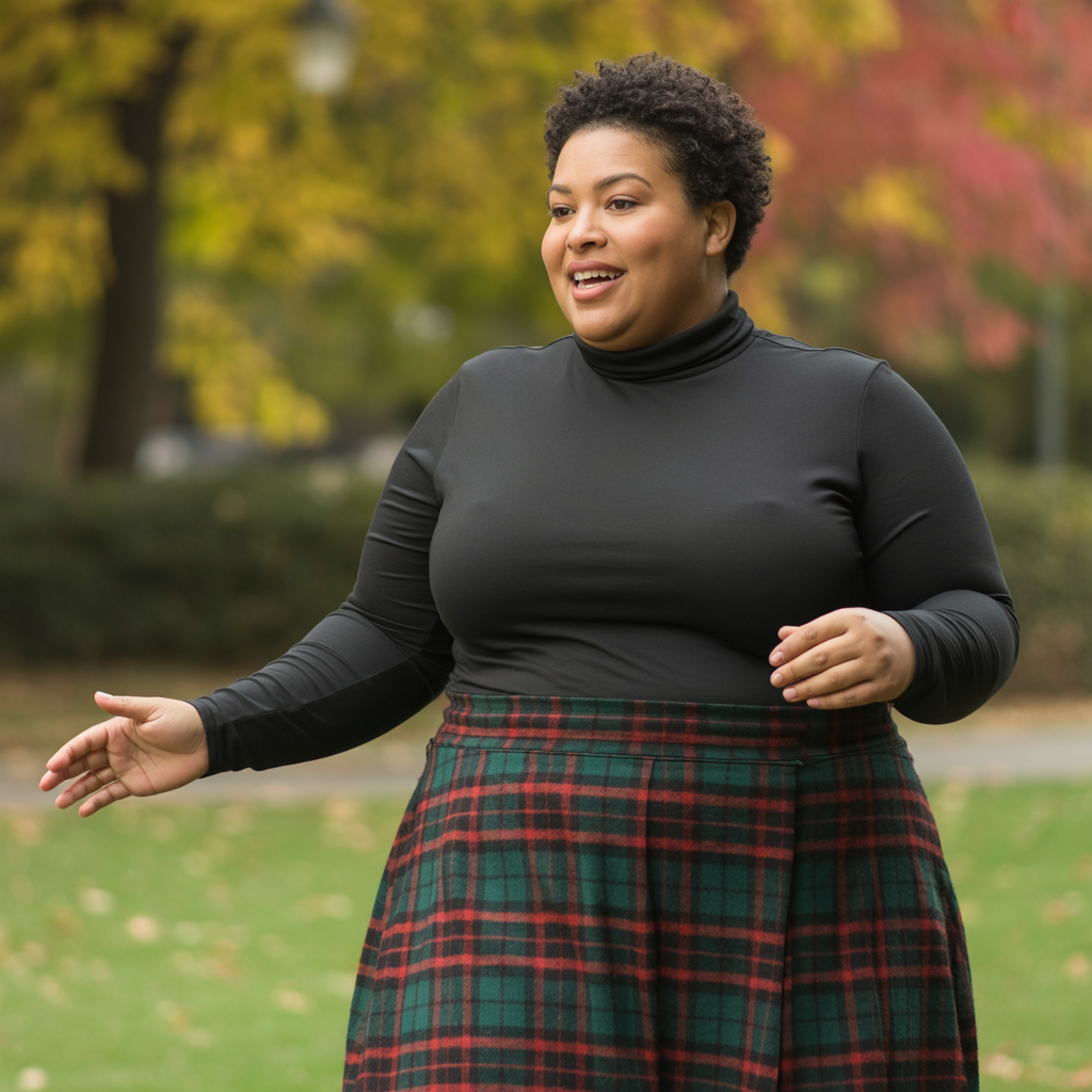 Turtleneck with plaid skirt
