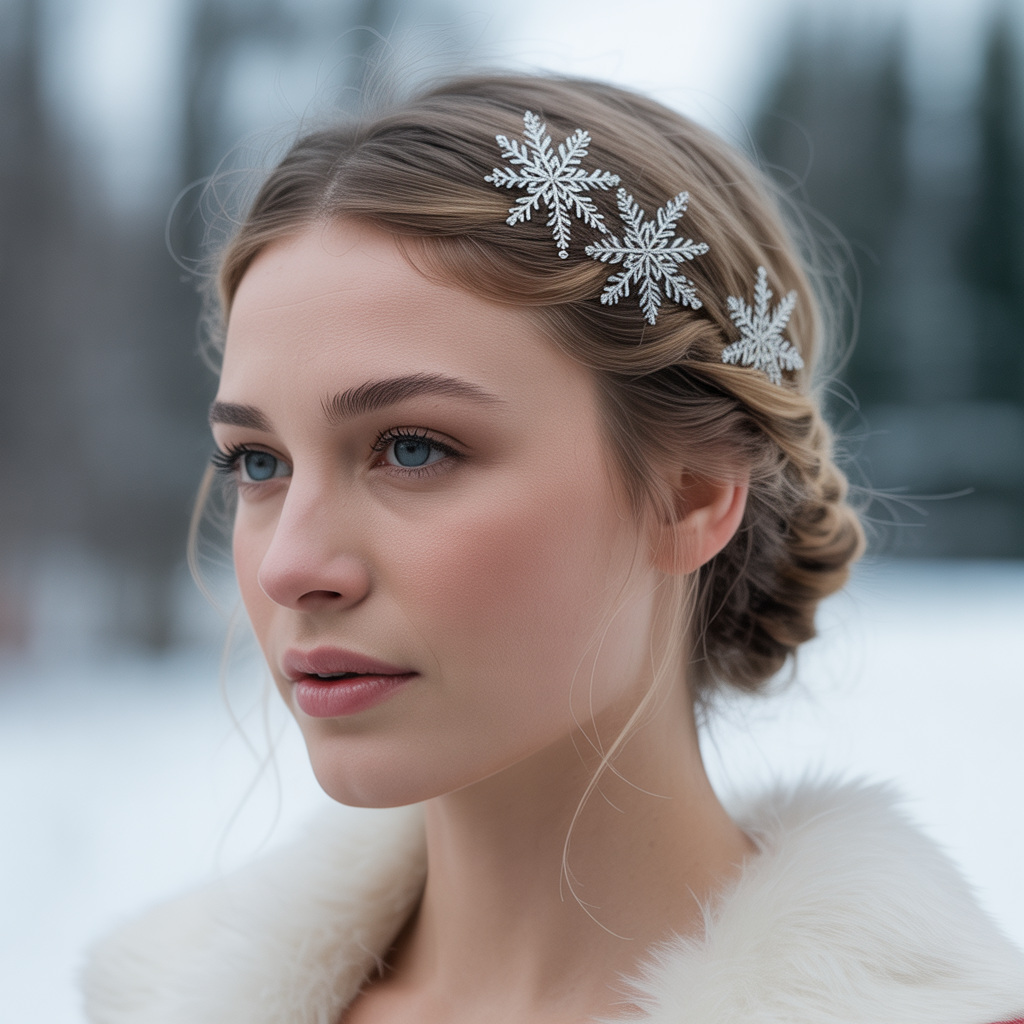 25 Stunning Christmas Hairstyles to Shine This Holiday 13 Twisted Half-Up Hairstyle with Snowflake Pins