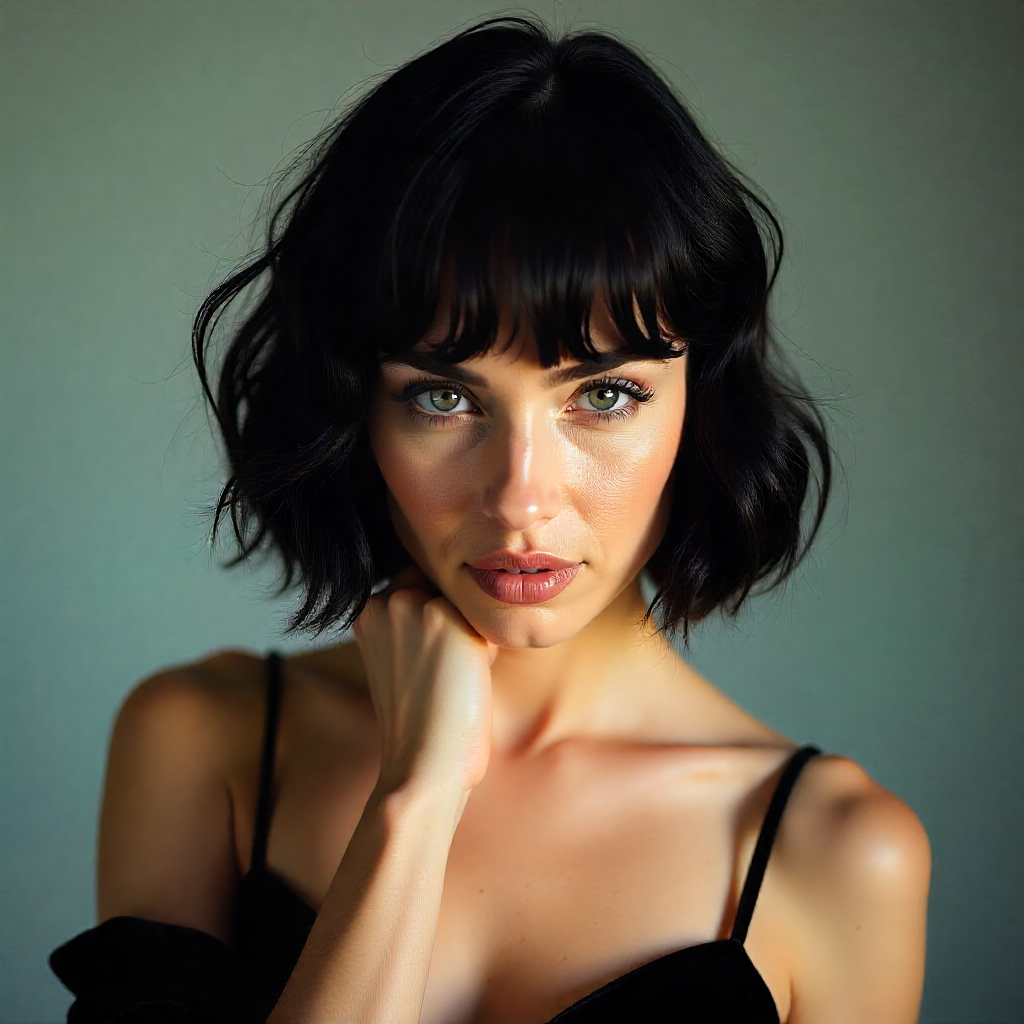 Glossy black wolf cut with bangs