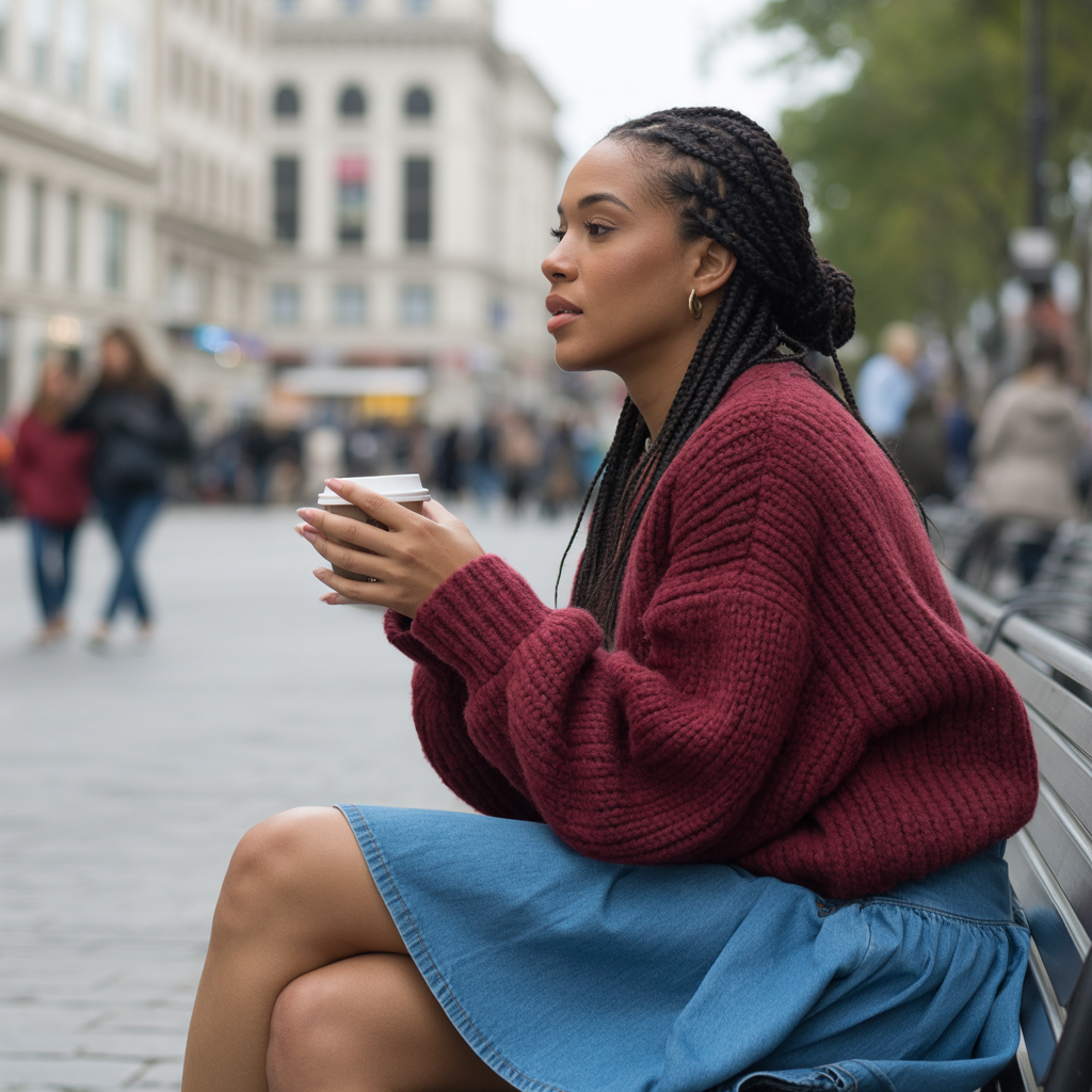 Denim Skirt with Oversized Sweater
