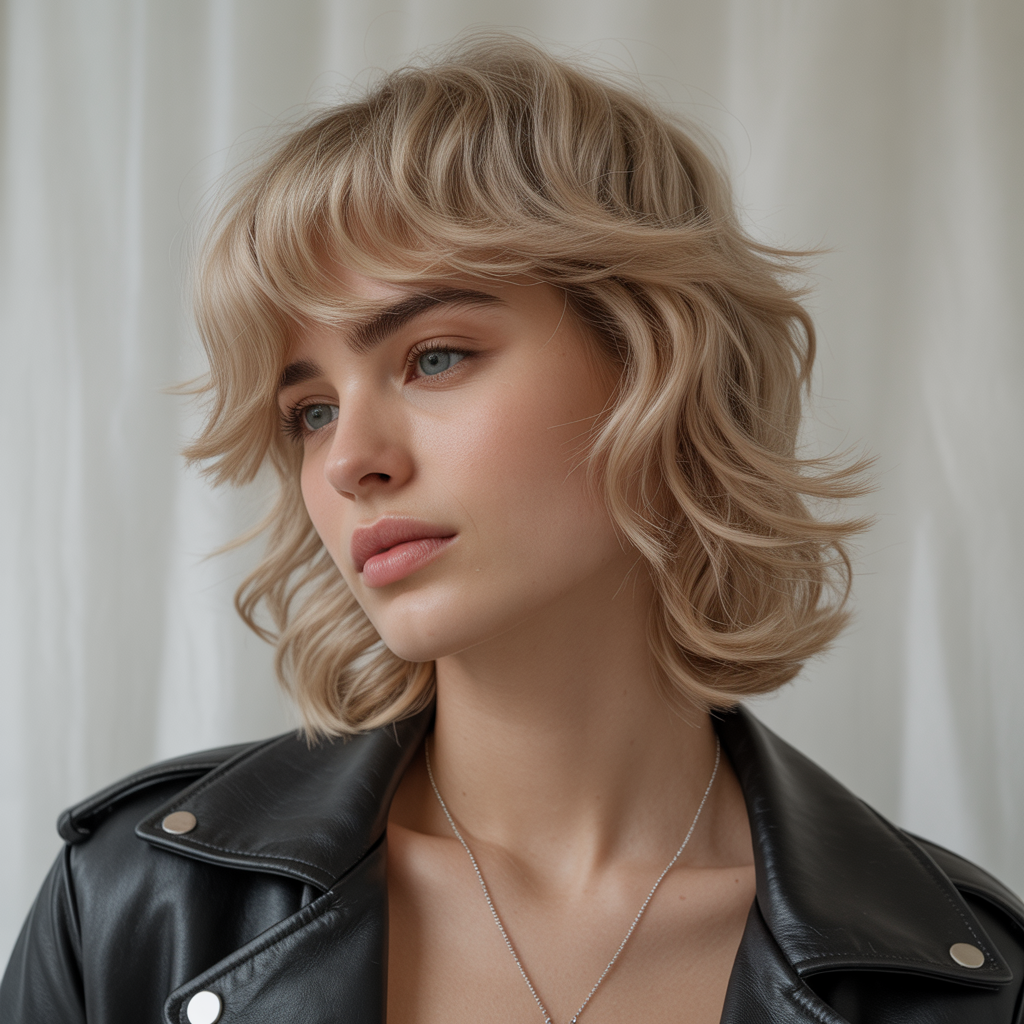 18 Amazing Blonde Wolf Cut with Bangs Ideas to Transform Your Look 11 Champagne Blonde Wolf Cut with Feathered Bangs