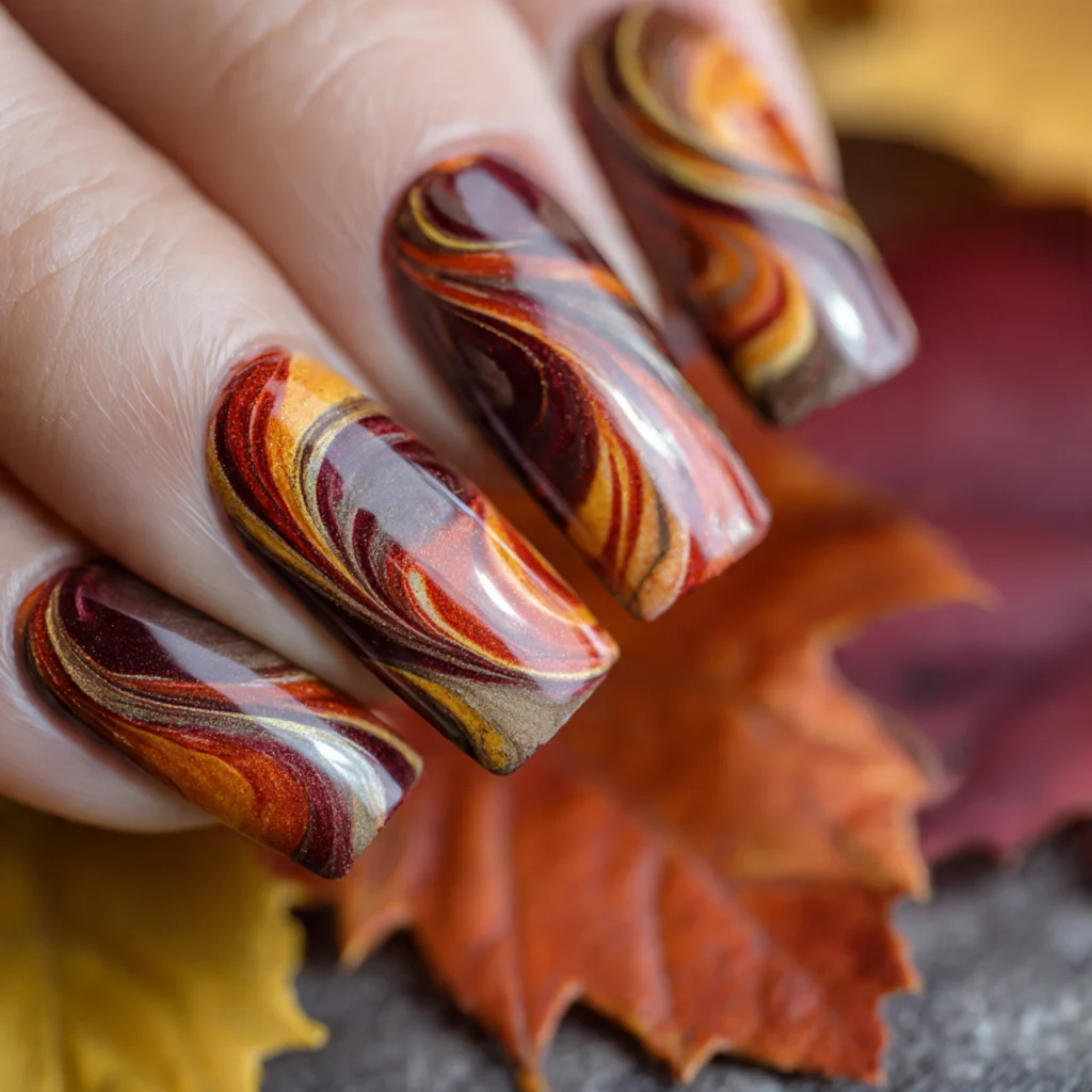 20 Stunning Fall Nails Ideas to Try This Autumn Season 7 Abstract Autumn Swirls