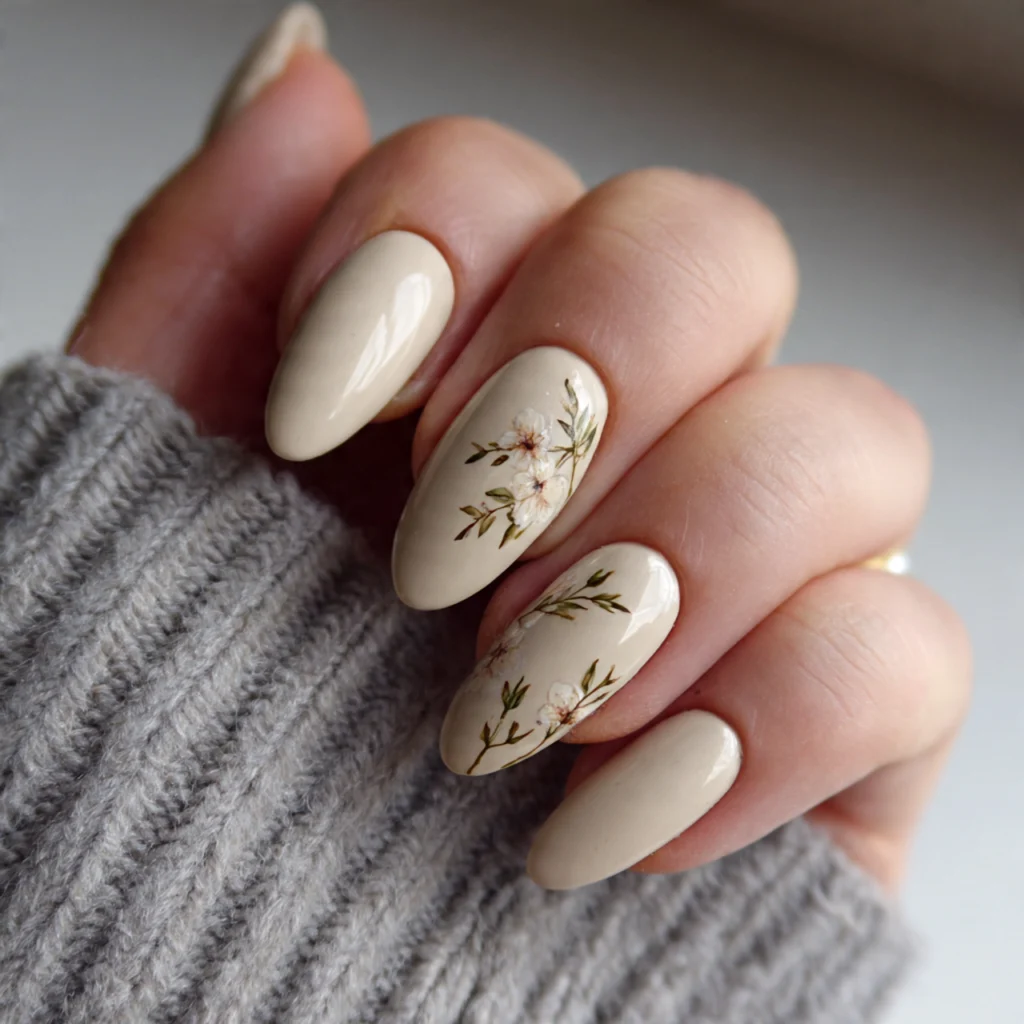 25 Stunning Fall Almond Nails You’ll Want This Autumn 22 Beige Almond Nails with Subtle Art
