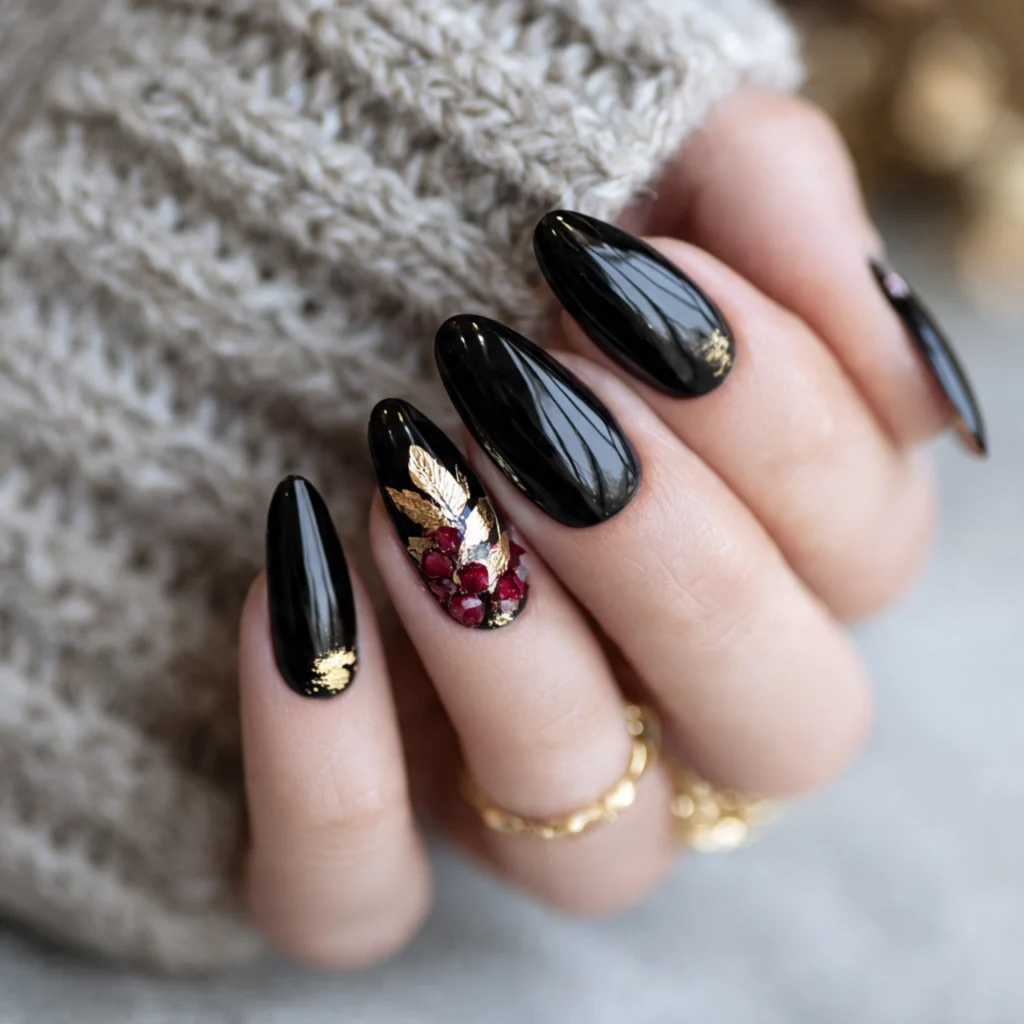25 Stunning Fall Almond Nails You’ll Want This Autumn 14 Black Almond Nails with Fall Accents