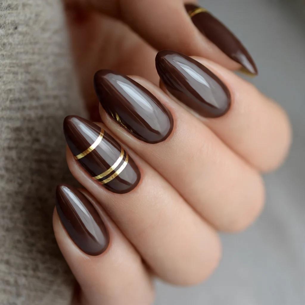 25 Stunning Fall Almond Nails You’ll Want This Autumn 8 Chocolate Brown Almond Nails