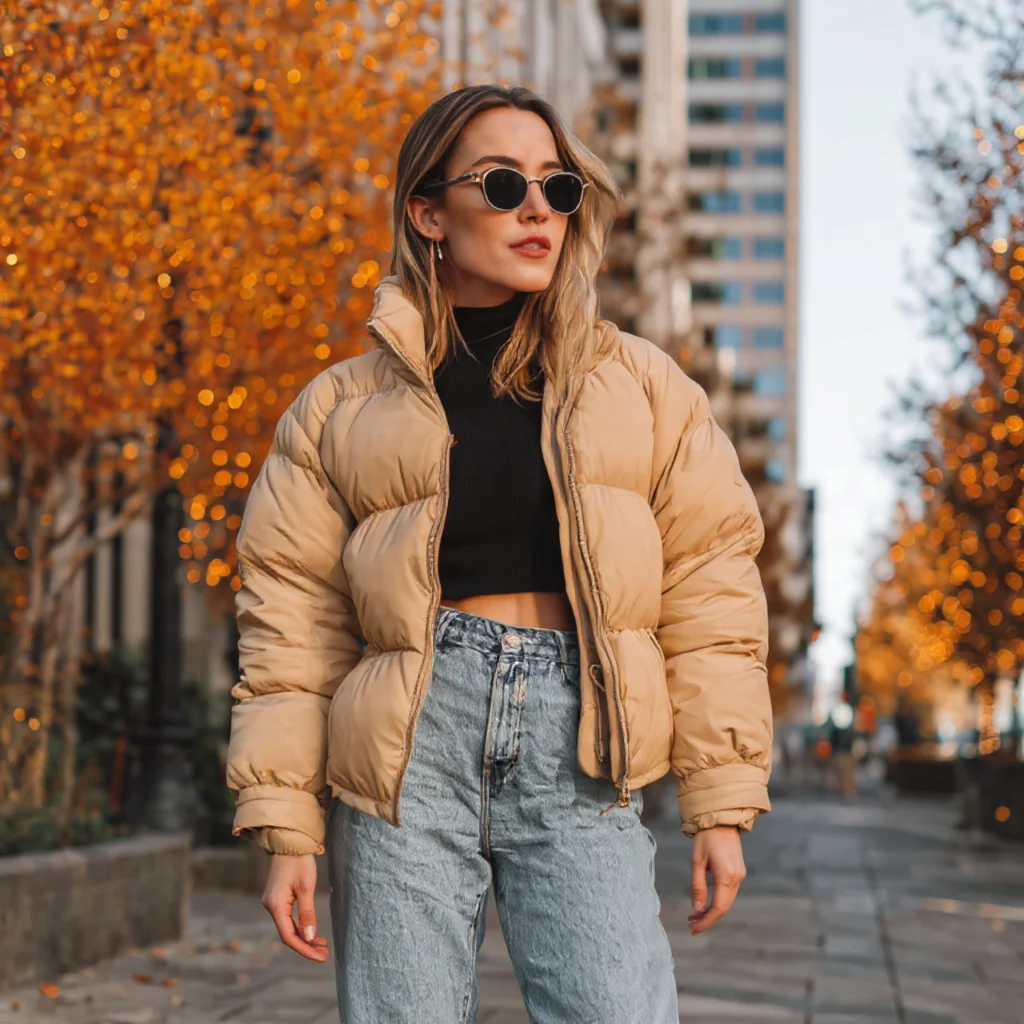Cropped Puffer Jacket and High-Waisted Jeans