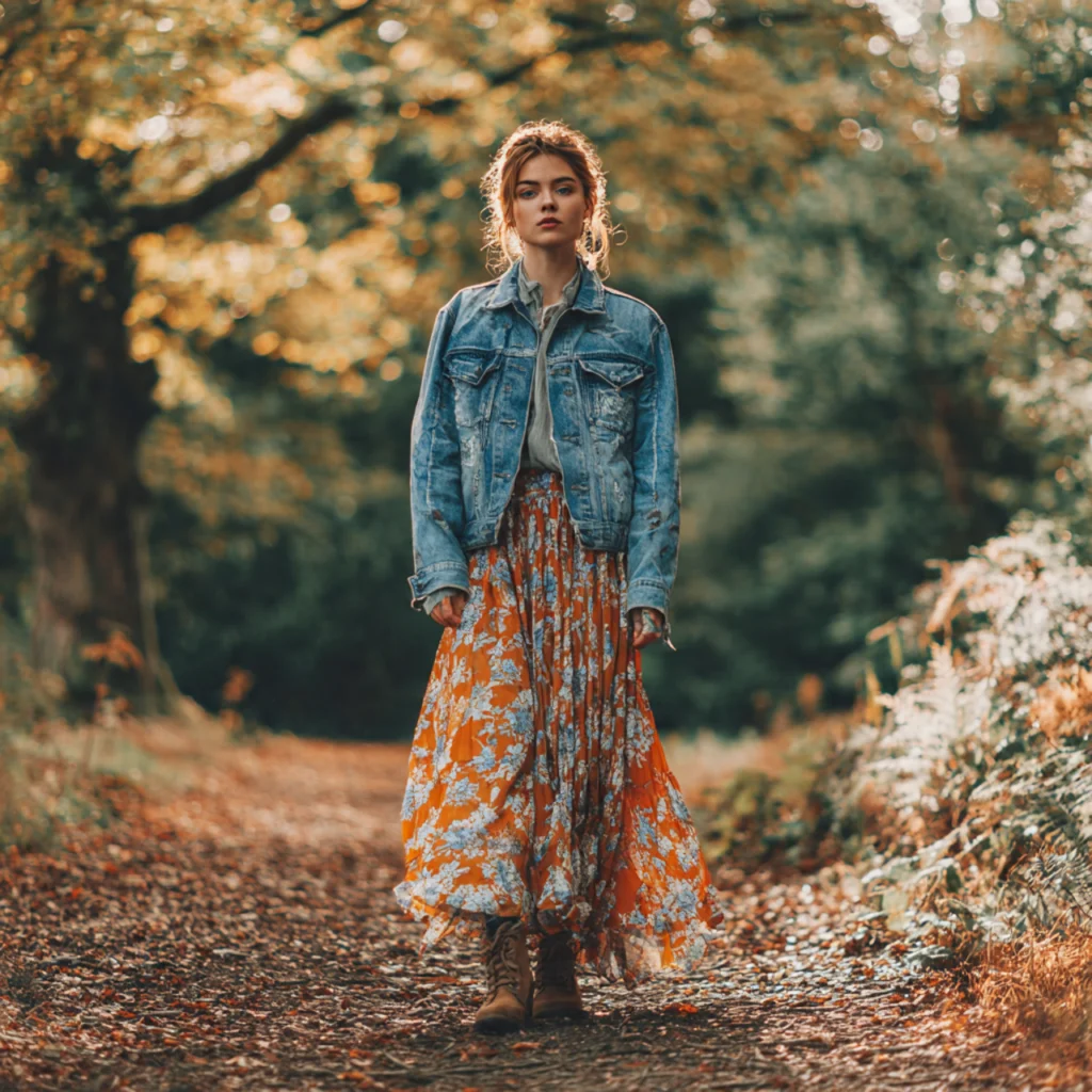 18 Trendy Fall Outfits for Effortless Autumn Style 8 Denim Jacket with Floral Skirt