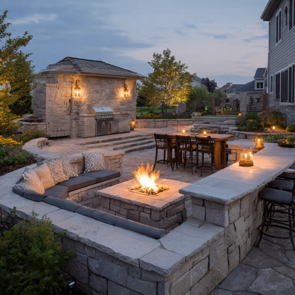 Firepit and Outdoor Kitchen Combo