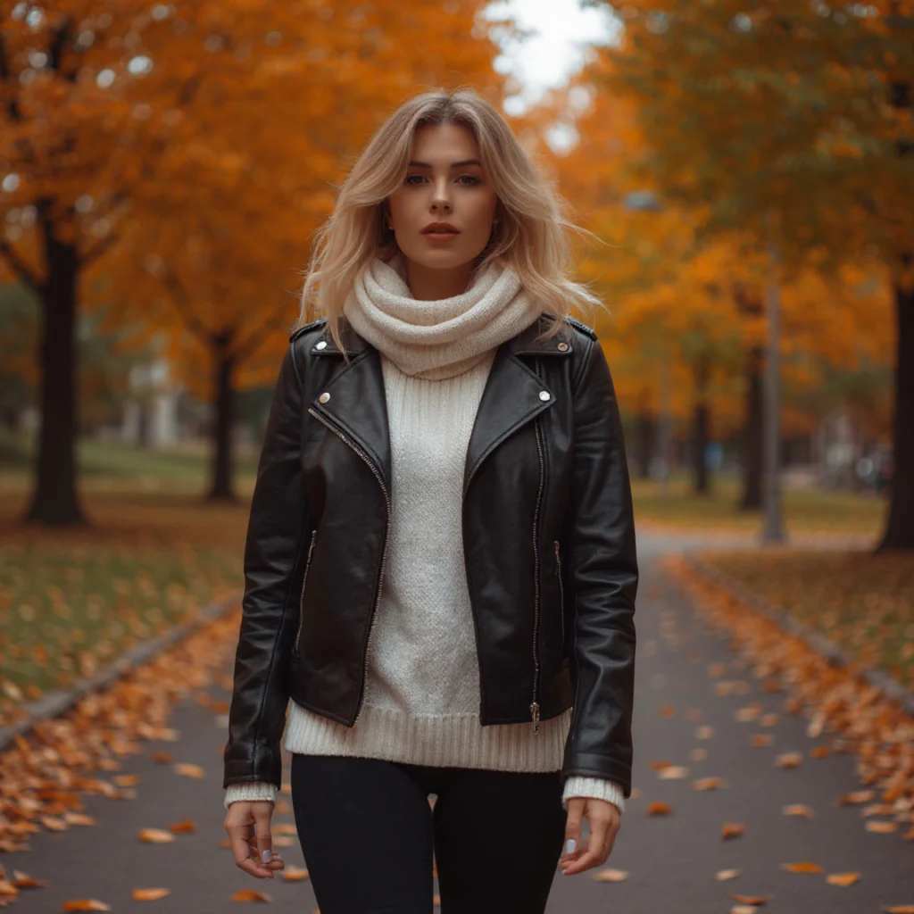 Leather Jacket and Knit Scarf