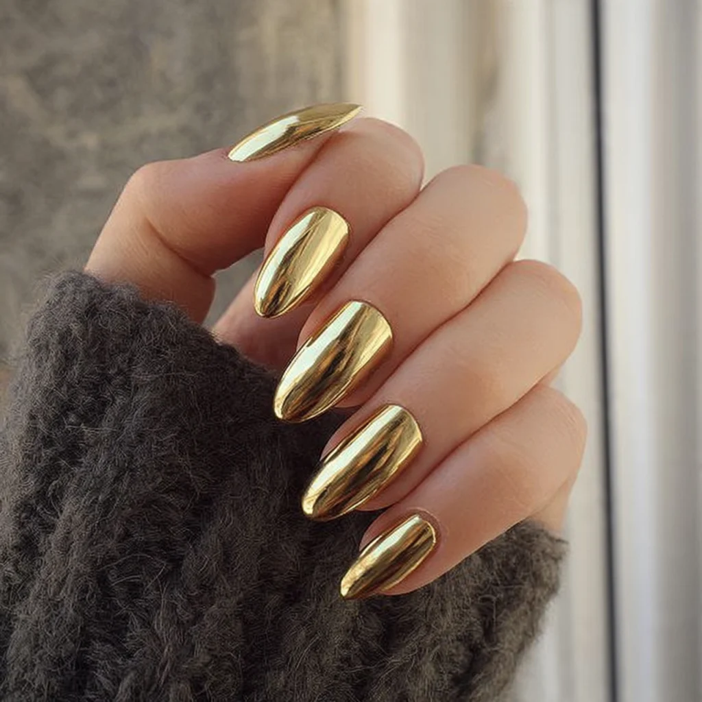 25 Stunning Fall Almond Nails You’ll Want This Autumn 6 Metallic Gold Almond Nails