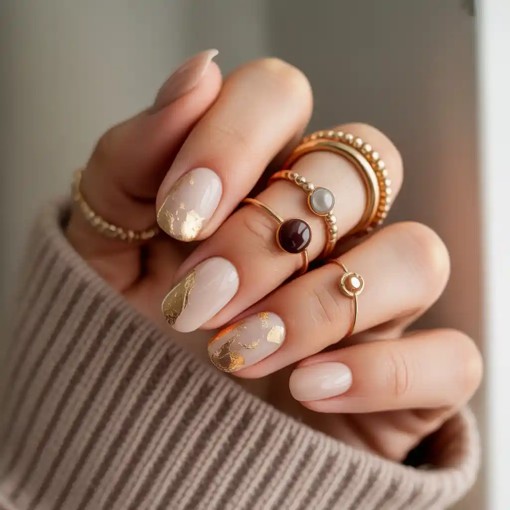 20 Stunning Fall Nails Ideas to Try This Autumn Season 18 Nude Nails with Gold Foil