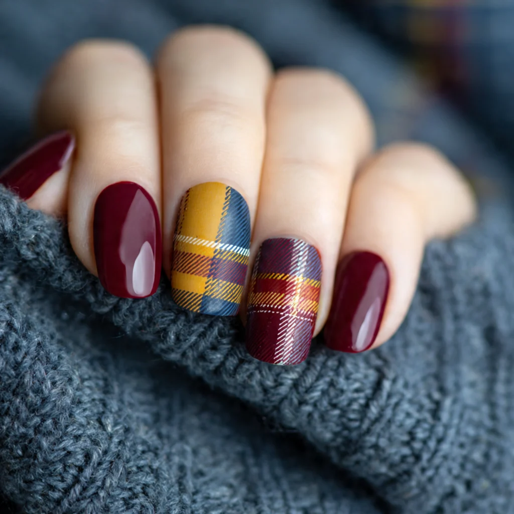 25 Stunning Fall Almond Nails You’ll Want This Autumn 9 Plaid Almond Nails