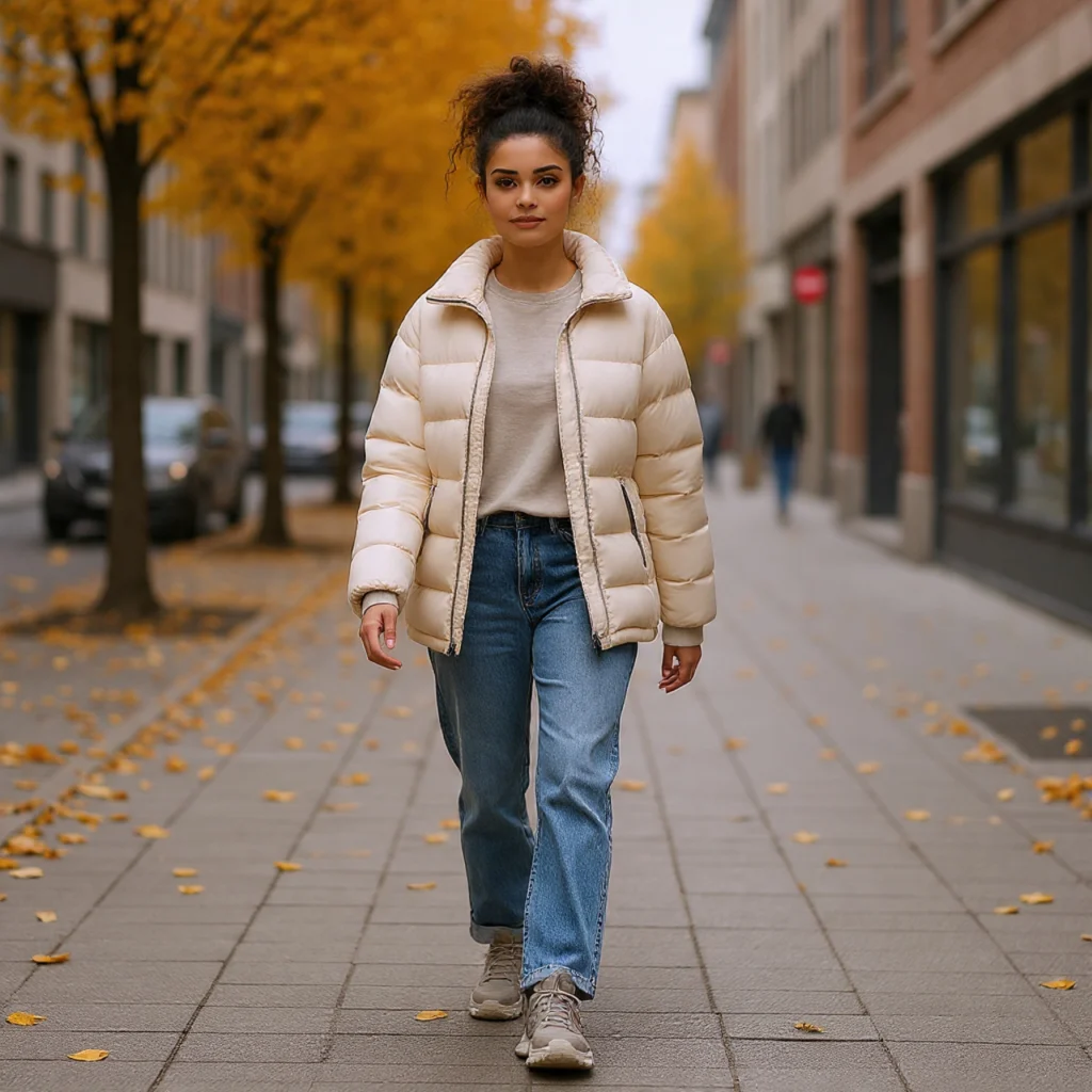 Puffer Coat and Wide-Leg Jeans