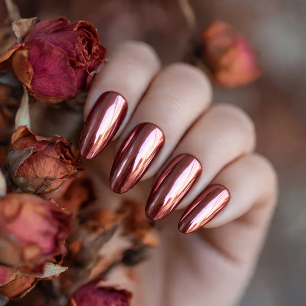 18 Best Fall Chrome Nails Ideas: Metallic Shades You’ll Love 15 Rusty Rose Combo