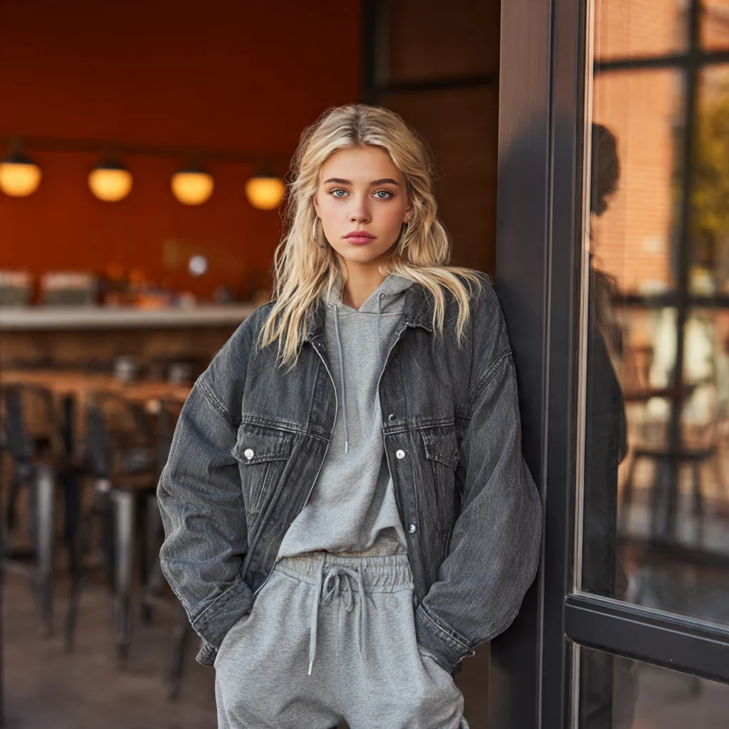 Sweatsuit Set with Denim Jacket