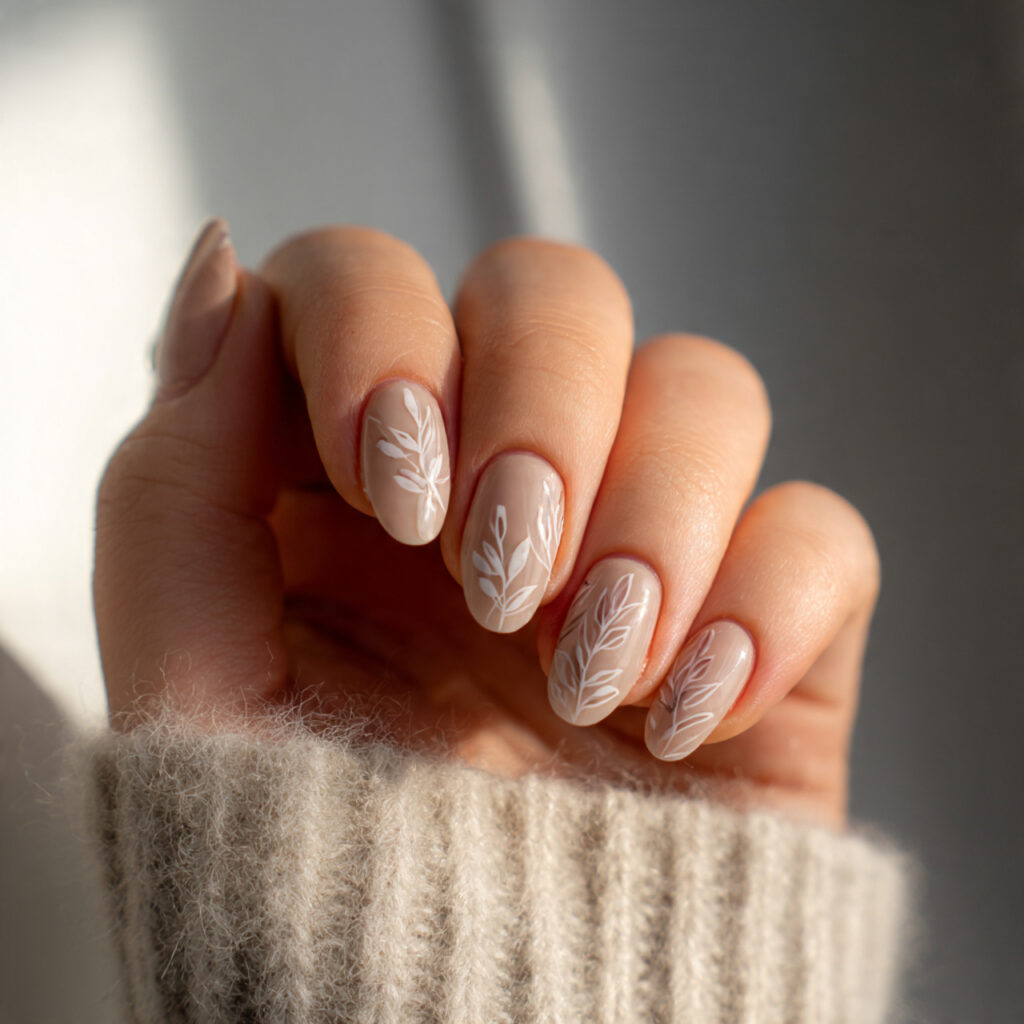 Beige Nails With Leaf Outline Art
